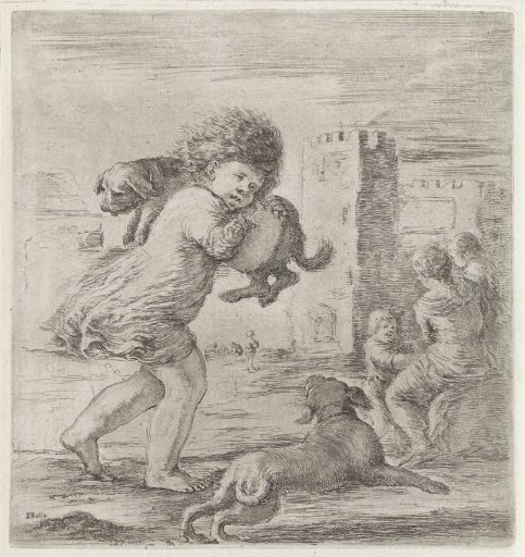 Boy with a dog over his shoulder