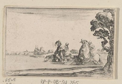 Two riders with women behind them wading through water