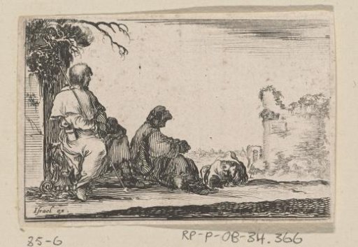 Two seated pilgrims and a lying man