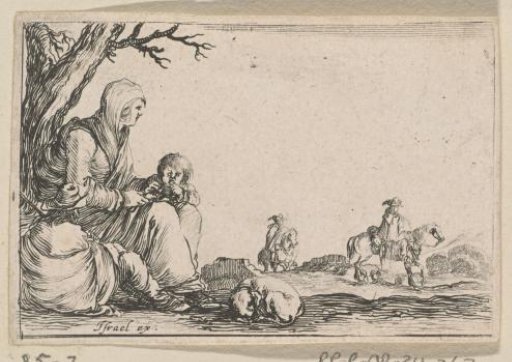Woman with Two Children and a Dog under a Tree