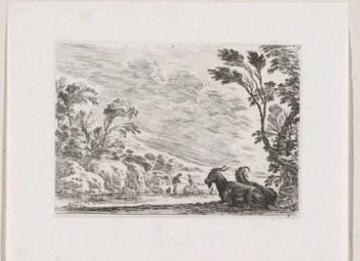 Goats in a landscape with shepherds