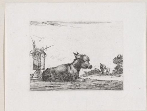 Donkey in a landscape with a mill