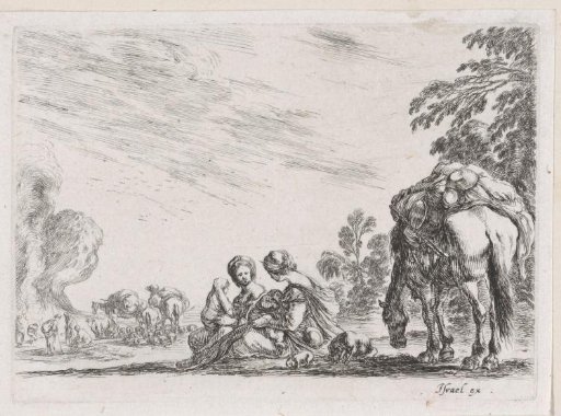 Two wet nurses on the ground next to a laden horse