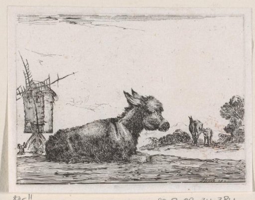 Donkey in a landscape with a mill
