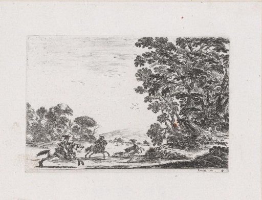 Two hunters on horseback hunting deer