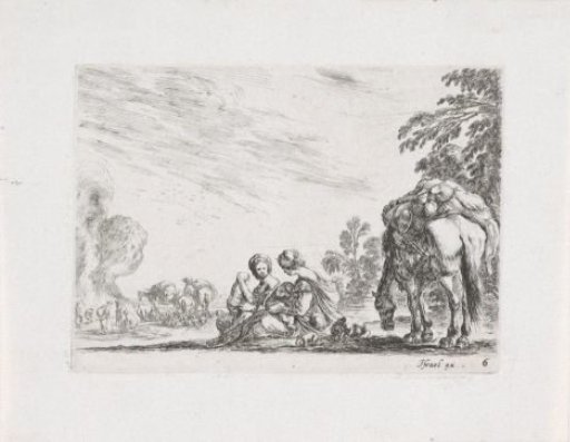 Two wet nurses on the ground next to a laden horse