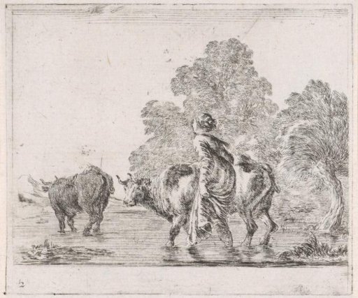 Shepherdess with two cows walking through a river