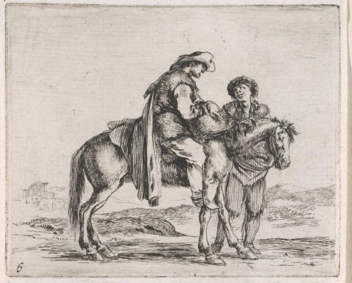 Man on horseback in conversation with a standing man