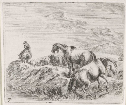 Two horses behind a group of sheep with a shepherd climbing a hill