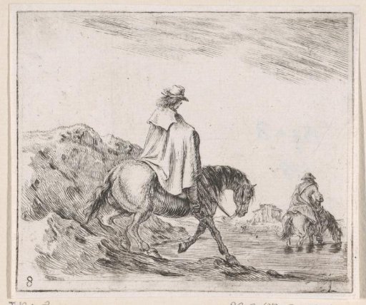 Two riders crossing a river on horseback