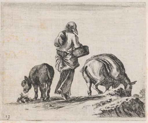 Peasant woman with two donkeys seen from behind