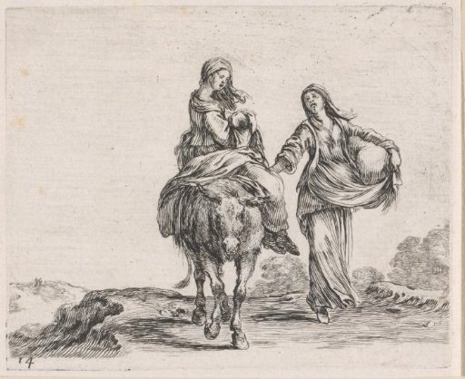 Peasant woman with a baby on a donkey and another peasant woman walking beside her