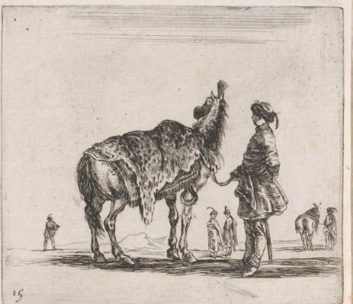 Polish man beside a horse with a leopard skin over its back