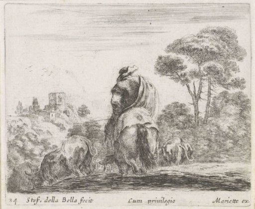 Shepherd on horseback seen from behind in a landscape with cows
