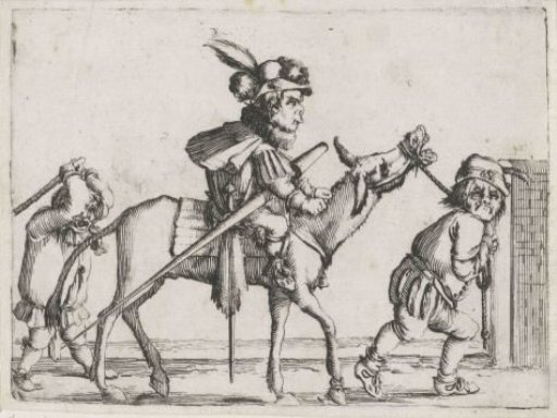 Little people (caricatures) and a donkey