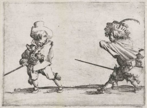 Two little people (caricatures) with swords in combat