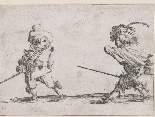 Two little people (caricatures) with swords in combat