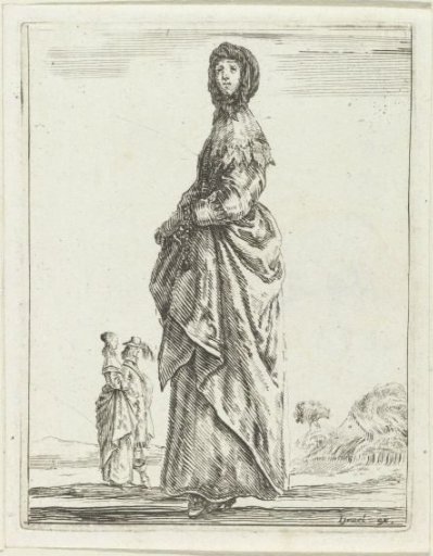 Young woman dressed according to the fashion of ca. 1650, facing left