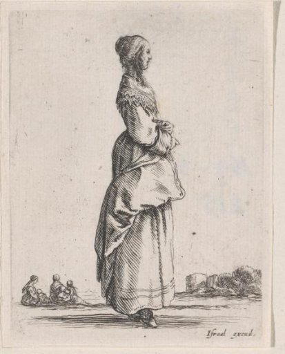 Standing young woman in profile facing right