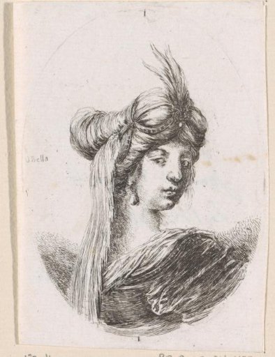 Young woman wearing a turban with a feather and a hanging veil, looking over her shoulder