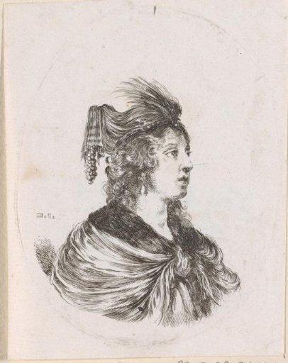 Woman with turban with feather and bunch of pearls