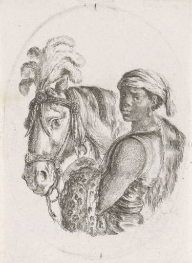 Enslaved African boy next to horse with feathers on head