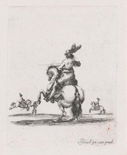 Rider on a rearing horse seen from behind