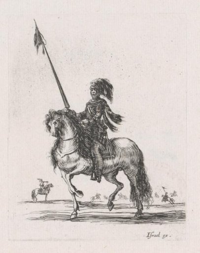 Rider with lance on horseback in a landscape with other riders on horseback