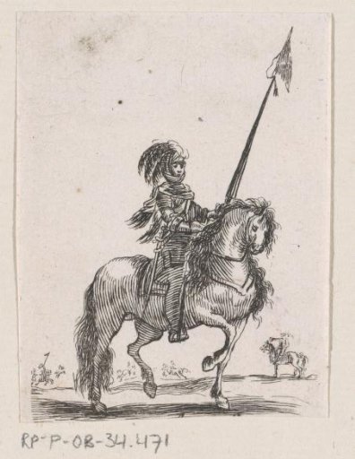 Rider with lance on horseback in a landscape with other riders on horseback