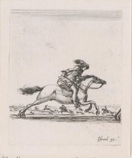 Rider with sword in hand on a running horse in a landscape with other riders on horseback