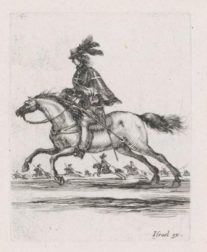 Musketeer on horseback in a landscape with other riders on horseback