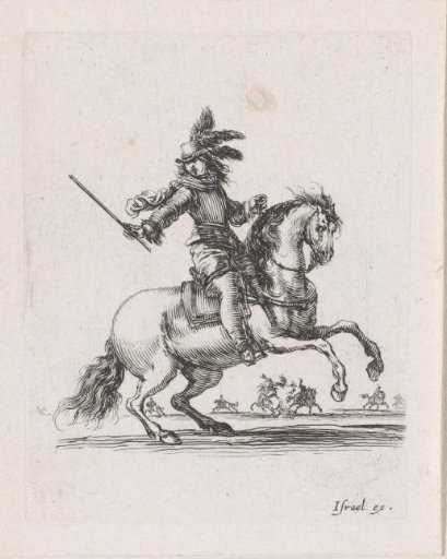 Commander on horseback in a landscape with other riders on horseback