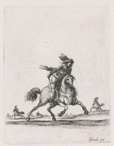 Rider with sword on a running horse in a landscape with other riders on horseback
