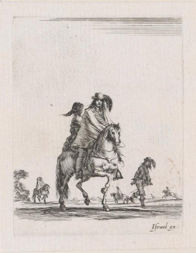 Rider with a woman behind him in a landscape with other riders on horseback