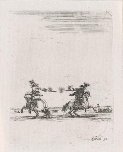 Two riders on horseback in combat
