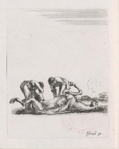 Two men skinning a horse