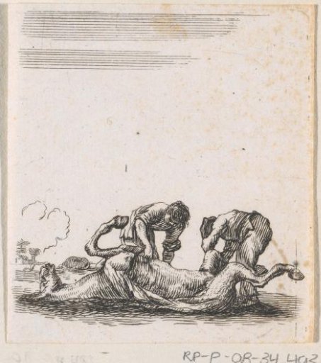 Two men skinning a horse