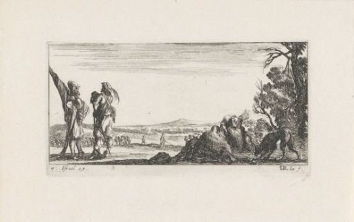 Left two talking soldiers, right a fallen horse