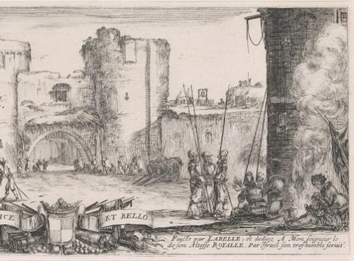 Title print with soldiers at a fort in a landscape