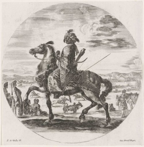 Dark-skinned man with turban on horseback