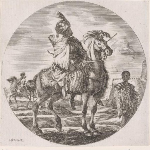 African man with turban and spear on horseback, to the right an enslaved boy