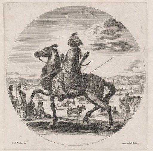 Dark-skinned man with turban on horseback