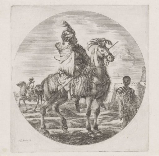 African man with turban and spear on horseback, to the right an enslaved boy