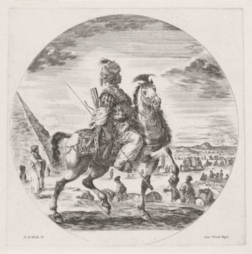 Dark-skinned man with turban and spear on horseback