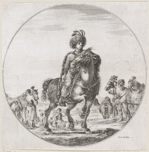 Hungarian man with plumed cap on horseback