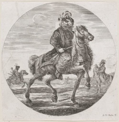 Hungarian man with moustache on horseback to the right