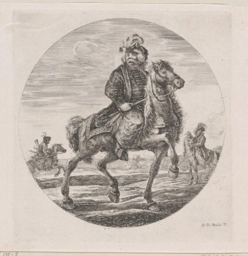 Hungarian man with moustache on horseback to the right