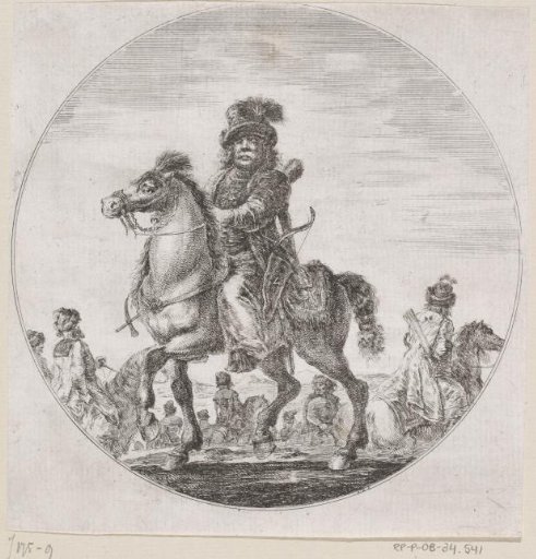 Hungarian man with moustache on horseback to the left