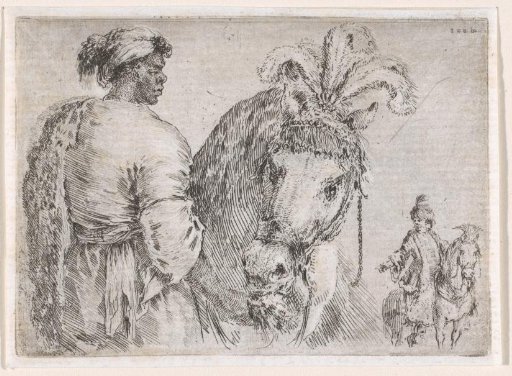 African man with turban leading a horse, in the background a man on horseback