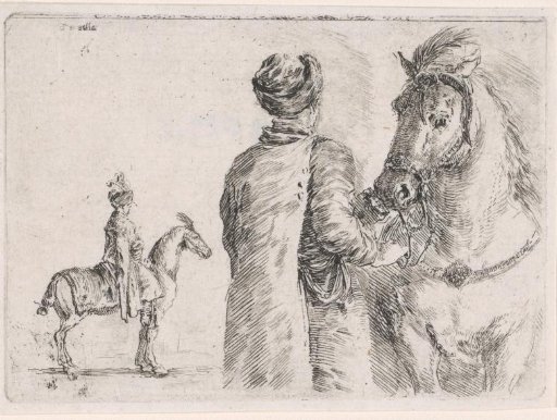 Polish groom holding horse by the bridle, in the background a man on horseback